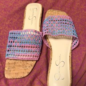 NWOT Jessica Simpson pink and blue sandals, never worn
